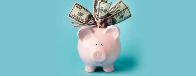 Una alcancía de cerdo con unos dólares 