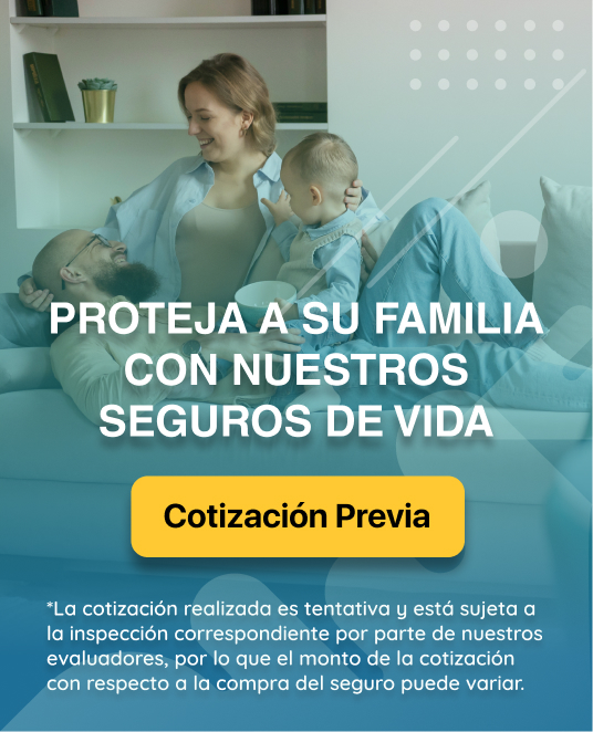 Una familia en un sillón con el texto "proteja a su familia con nuestros seguros de vida" y un botón Cotización previa