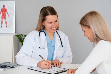 Modalidad Grandes Deducibles Doctora sonriendo dándole consulta a una paciente